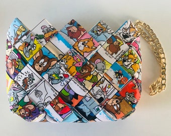 Tom en Jerry gerecycled stripboek miniportemonnee/-polsbandje. Milieuvriendelijk cadeau