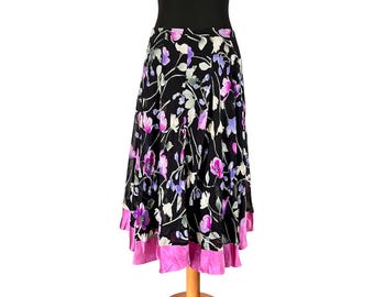 Vintage 90s midi floral silk skirt with pink and purple flowers, cottagecore fairy skirt , 80s 90s fashion