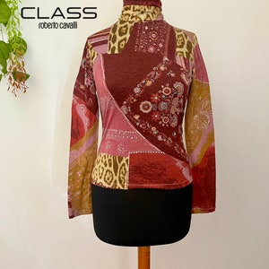 90s Roberto Cavalli class print long sleeve turtleneck blouse, designer vintage top