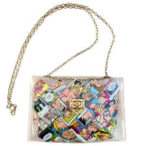 Flintstones handmade crossbody purse in clear bag, vintage comic recycled book purse