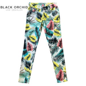 Zwarte orchidee-jeans met tropische bladprint, skinny jeans met halfhoge taille en print