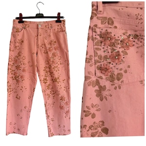 Y2k Blumarine pink denim pants ,beaded with tule flowers, Coquette fairy pants