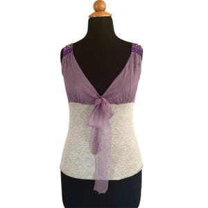 Y2K Vintage beaded silk tank top , grey & purple V neck designer tank top, 00s fashion