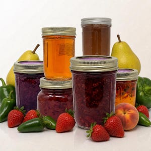 May include: A collection of glass jars with metal lids filled with various colorful fruit preserves and jams, arranged with fresh strawberries, green peppers, a peach, and pears placed around the base of the jars on a white surface.