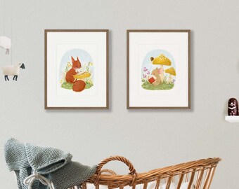 Woodland Reading Animals Nursery Art Print Set of 2. Woodland Nursery Art Print. Nursery Wall Art. Gift for Book Lover. Bookish Print.