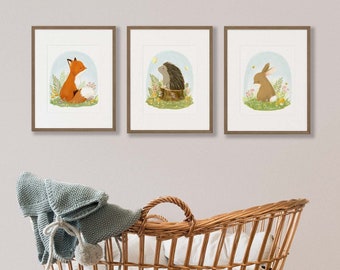 Woodland Nursery Prints - Set of 3. Woodland Nursery Art Print. Nursery Wall Art. Woodland Nursery Gift. Fox. Porcupine. Bunny.