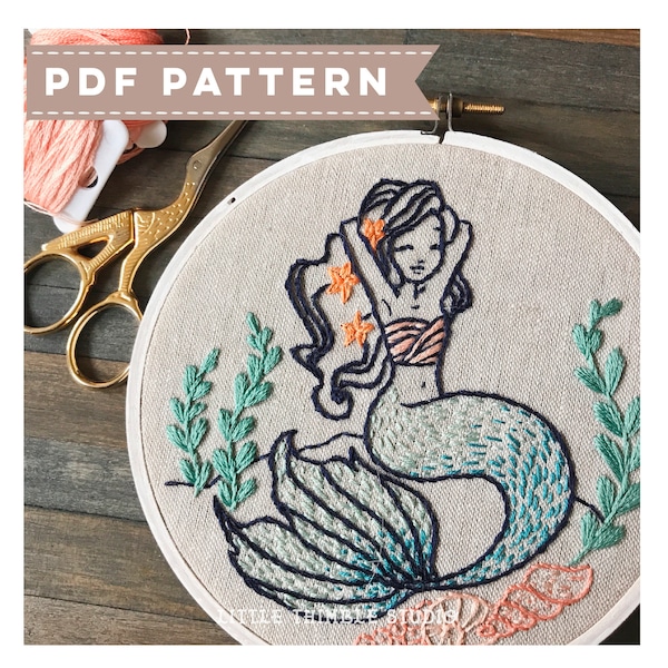 Mermaid PDF Embroidery Pattern. PDF Pattern. DIY Embroidery. Nautical Hand Embroidery. Gift for Crafters. Modern Embroidery. Under the Sea