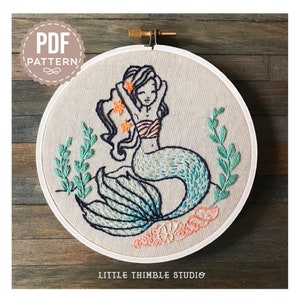 Mermaid PDF Embroidery Pattern. PDF Pattern. DIY Embroidery. Nautical Hand Embroidery. Gift for Crafters. Modern Embroidery. Under the Sea image 2