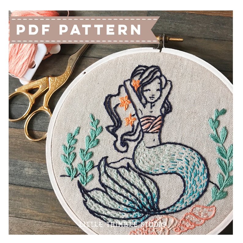 Mermaid PDF Embroidery Pattern. PDF Pattern. DIY Embroidery. Nautical Hand Embroidery. Gift for Crafters. Modern Embroidery. Under the Sea image 1