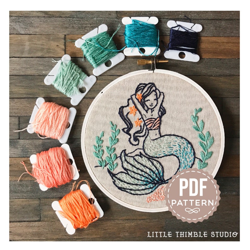 Mermaid PDF Embroidery Pattern. PDF Pattern. DIY Embroidery. Nautical Hand Embroidery. Gift for Crafters. Modern Embroidery. Under the Sea image 3
