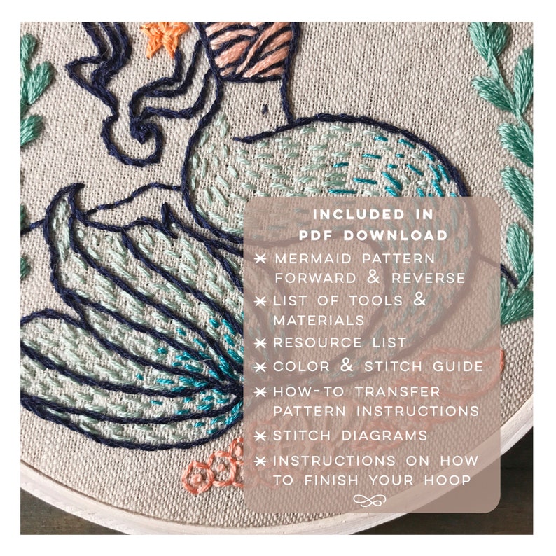 Mermaid PDF Embroidery Pattern. PDF Pattern. DIY Embroidery. Nautical Hand Embroidery. Gift for Crafters. Modern Embroidery. Under the Sea image 4