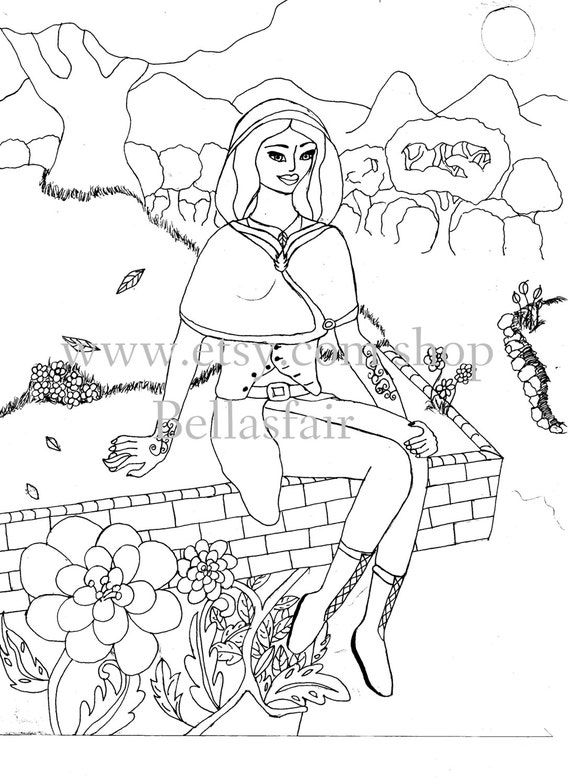 Hooded Girl Siting On A Brick Wall Flower Coloring Page Etsy