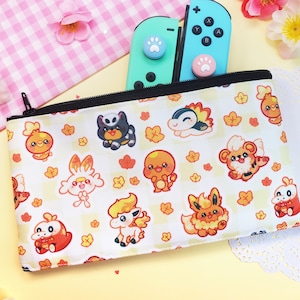 Cute Fire Type Monsters  - Pencil Case / Zipper Pouch / Cosmetic Bag / Cute Gingham Pattern