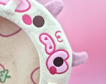 Strawberry Cow Beret: Kawaii Pastel Embroidered Wool Beret