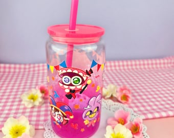 Digital Circus Glass Tumbler: Gradient Tinted Cup with Lid & Straw