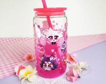 Hazbin Hotel Glass Tumbler: Gradient Tinted Cup with Lid & Straw