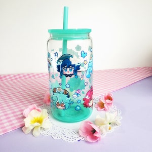 Genshin Visions - Anemo Glass Cup | 16oz with Plastic Lid and straw | Gradient Glass Cup