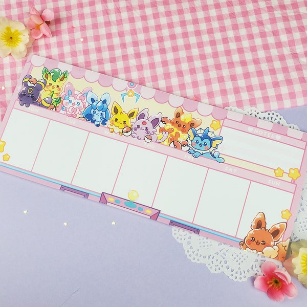 Eevelution Claw Machine Weekly Planner Pad | Kawaii Art Cute Aesthetic Stationery | Office Supplies