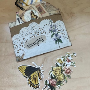 Handmade Junk Journal Ephemera Folio for Smashbooks & Scrapbooking - 10 Piece Envelope Inserts, Bookmarks, Tags, and More