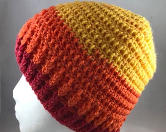 Yellow Orange and Red Striped Winter Beanie