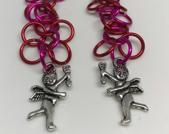 Red and Pink Shaggy Loops Chainmaille Cupid Charm Earrings