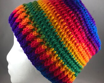Rainbow Striped Warm Winter Crocheted Beanie