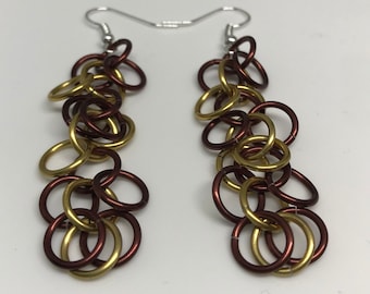 Brown and Yellow Shaggy Loops Chainmaille Dangle Earrings
