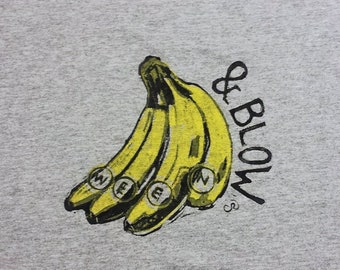 Camiseta con estampado de bloques Bananas y Blow Ween, estampado Lino, estampado de 2 capas, sobre algodón gris, camiseta de concierto