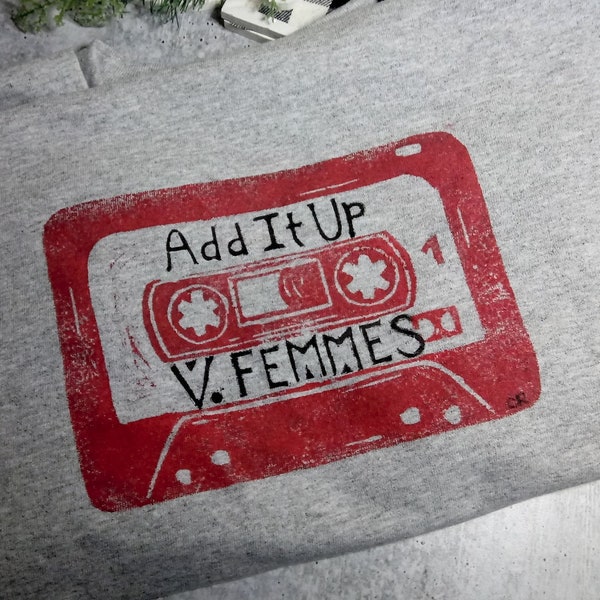 V. Femmes Add it Up Cassette Linoprint, Violent Femmes, Block Print Red and Black on Gray Cotton Shirt, Concert, Hand Crafted