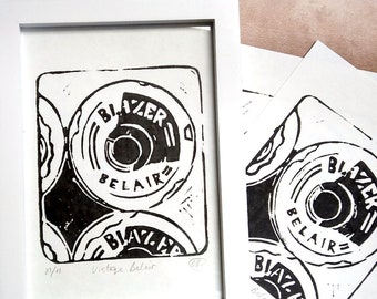 Vintage Belair Skateboard Wheels Lino Print Framed Art, 5 x 7 inch, Block Printed, Pop art limited edition, Black Relief Print