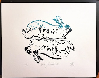 Rabbit Linoprint entitled Bunny Gradient, old english spotted rabbit 01 of 01, blue to black gradient