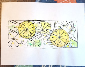 Citrus and Hands Lino Print and Watercolor, limited edition of 01, Refreshing