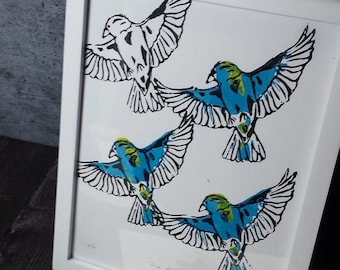 Four Birds Lino Print, Limited Edition 01/01, Block Print, Framed or not Framed 8 x 10 inch Print