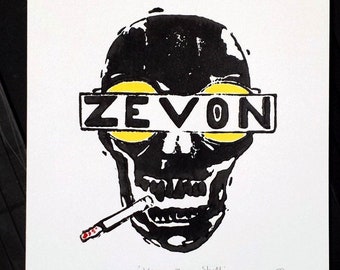 Warren Zevon Lino Print Smoking Skull, inspired by classic rock Album Cover, 04/05 limited edition block print