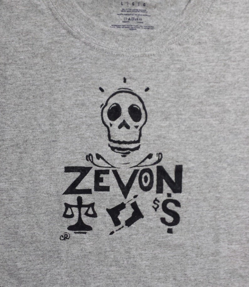 New Warren Zevon Block Printed Shirt Lawyers Guns And Money Classic Rock Black Ink On Gray Cotton Unisex Shirt - 