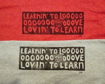 Ween Learnin to Love Lino Print Shirt, Gray and Heather Red available Boognish Block Printed