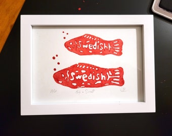 Gummy Fish come in Two Different Sizes, Limited Edition 01 of 01 lino print, 5 x 7 framed, Big and Small