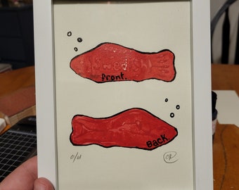 Gummy Fish, with black painted outline, 01 of 01, Front and Back, Lino Print, Limited Edition