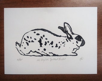 Spotted Bunny Lino Print, Conejos manchados en inglés antiguo, uno tradicional, 01 de 05 en edición.