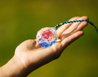 Feng Shui Rainbow Window Crystal Suncatcher, Micro Macrame Cord, Wood and Beads