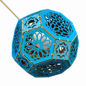 Blue Gold Geometric Pendant Lamp | Hexagon Sphere Light | Moroccan Style Laser Cut Lamp | Modern Boho Ceiling Light | Custom Color DIY Lamp