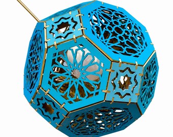 Lampada a sospensione geometrica blu e oro / Lampada a sfera esagonale / Lampada in stile marocchino tagliata al laser / Plafoniera moderna boho / Lampada fai da te con colore personalizzato