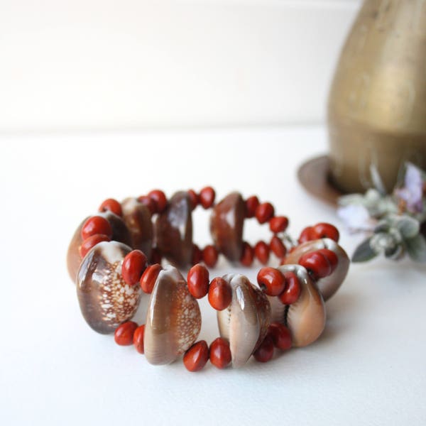 Vintage Boho Cowrie Shell & Seed Pod Bracelet Cuff