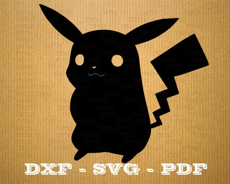 May include: A black silhouette of a Pikachu character, featuring large ears, a zig-zag tail, and a smiling face. The image includes the text "DXF - SVG - PDF" in a bold, serif font, suggesting digital file formats.