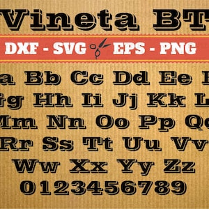 Könnte beinhalten: Ein digitales Schriftdesign namens "Vineta BT" in schwarzem Text auf braunem Hintergrund. Das Alphabet und die Zahlen sind in einem fetten, blockartigen Stil dargestellt.
