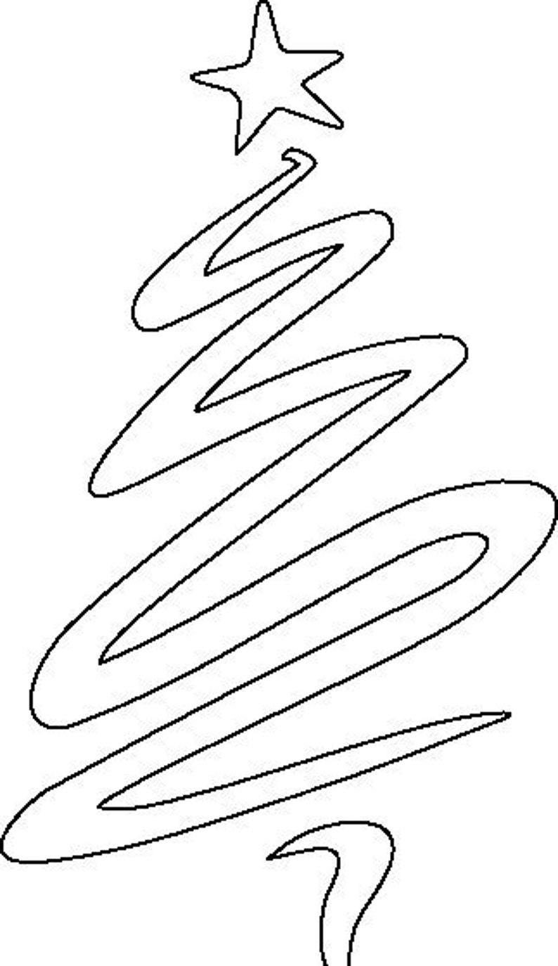 Puede incluir: Ilustraci&oacute;n minimalista en blanco y negro de un &aacute;rbol de Navidad. El &aacute;rbol est&aacute; formado por una l&iacute;nea continua y ondulada, coronada por una estrella de cinco puntas. El dise&ntilde;o es sencillo y moderno, adecuado para manualidades y decoraciones navide&ntilde;as.
