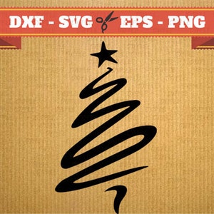 Puede incluir: Dise&ntilde;o de &aacute;rbol de Navidad abstracto negro con una estrella en la parte superior. La imagen incluye el texto "DXF - SVG - EPS - PNG" en una pancarta en la parte superior. El fondo es de color beige texturizado.