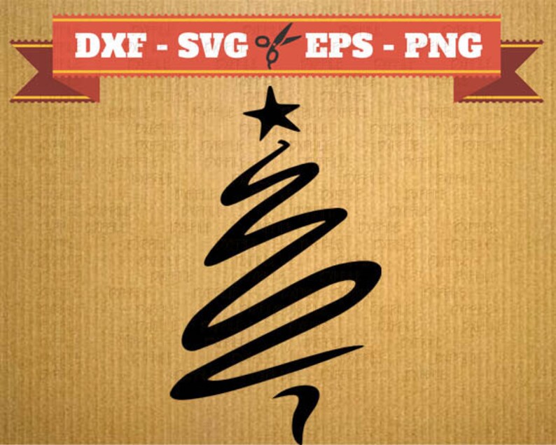 Puede incluir: Dise&ntilde;o de &aacute;rbol de Navidad abstracto negro con una estrella en la parte superior. La imagen incluye el texto "DXF - SVG - EPS - PNG" en una pancarta en la parte superior. El fondo es de color beige texturizado.