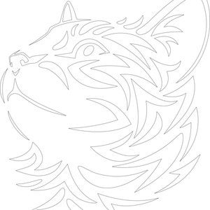 K&ouml;nnte beinhalten: Linienkunst-Illustration eines Katzenkopfes mit einem stilisierten, geometrischen Design. Der Katzenkopf ist nach rechts gerichtet, mit sichtbaren Augen und Nase. Das Design besteht aus einer Reihe von Linien und Kurven, die ein Gef&uuml;hl von Bewegung und Energie erzeugen.