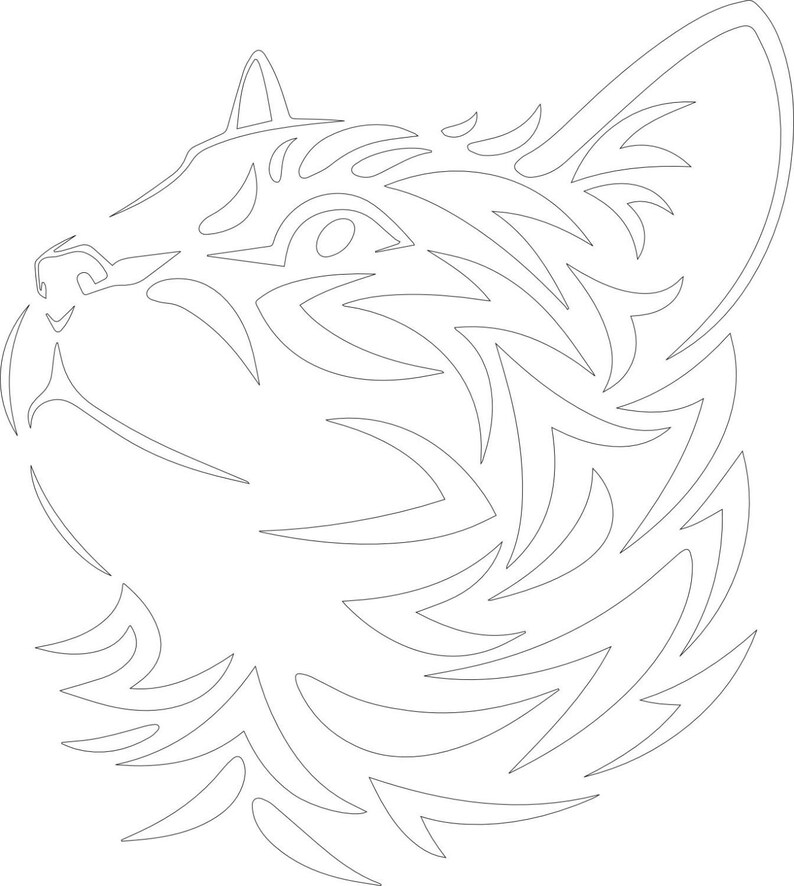 K&ouml;nnte beinhalten: Linienkunst-Illustration eines Katzenkopfes mit einem stilisierten, geometrischen Design. Der Katzenkopf ist nach rechts gerichtet, mit sichtbaren Augen und Nase. Das Design besteht aus einer Reihe von Linien und Kurven, die ein Gef&uuml;hl von Bewegung und Energie erzeugen.